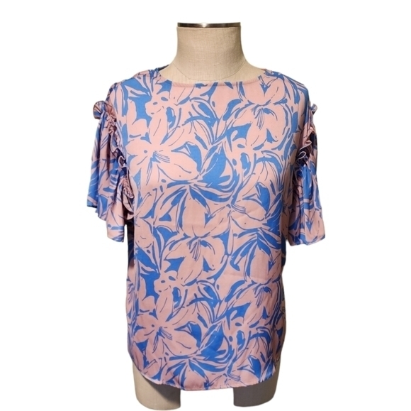 Maison D' Amelie Women's Pink Blue Short‎ Sleeve Floral Extra Small Blouse - Picture 11 of 11